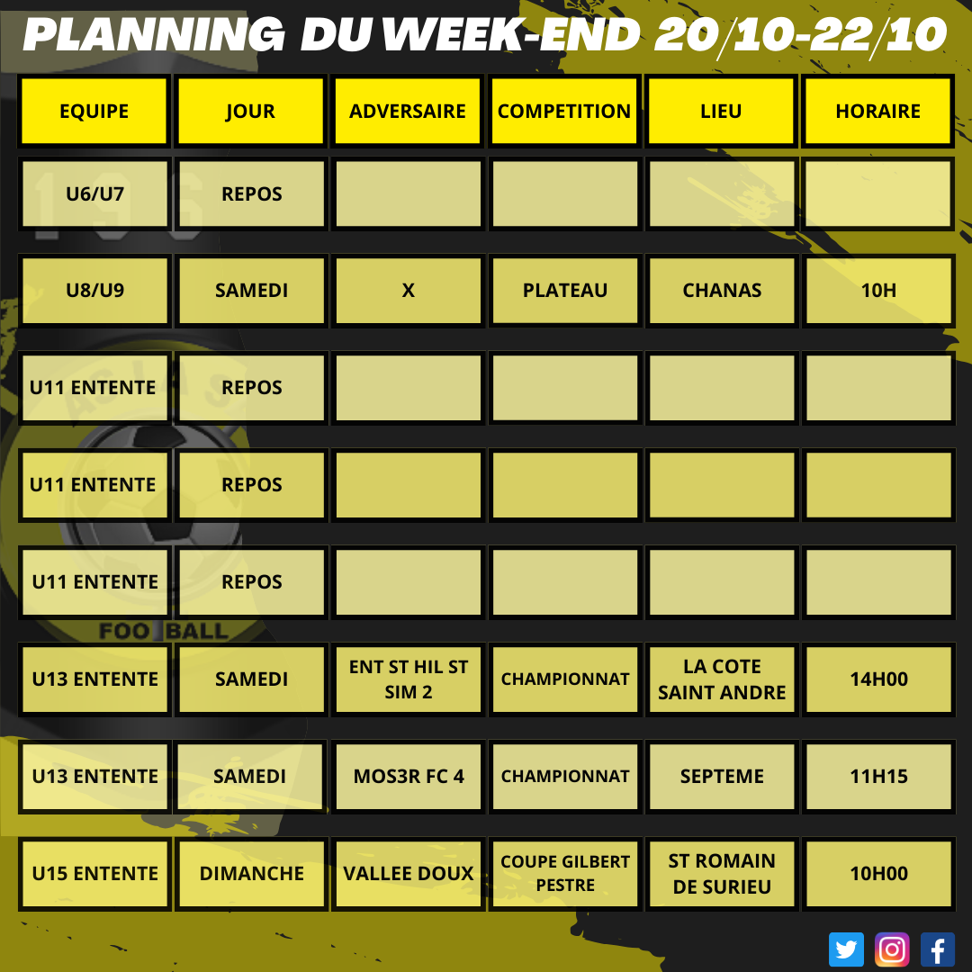 Planning du week-end 20/10 - 22/10