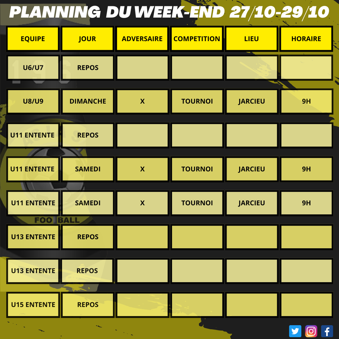 Planning du week-end 27/10 - 29/10