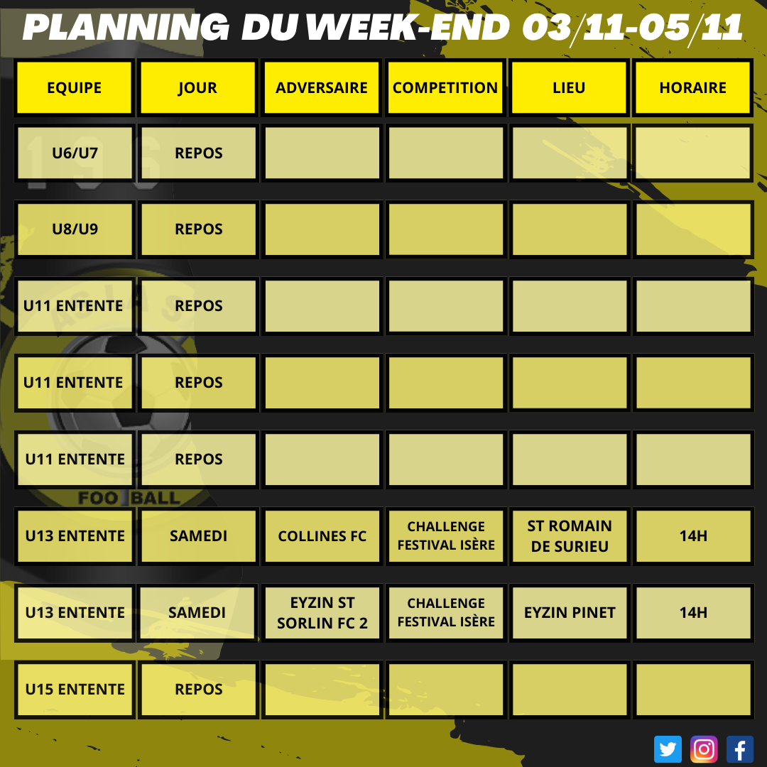 Planning du week-end 03/11 - 05/11