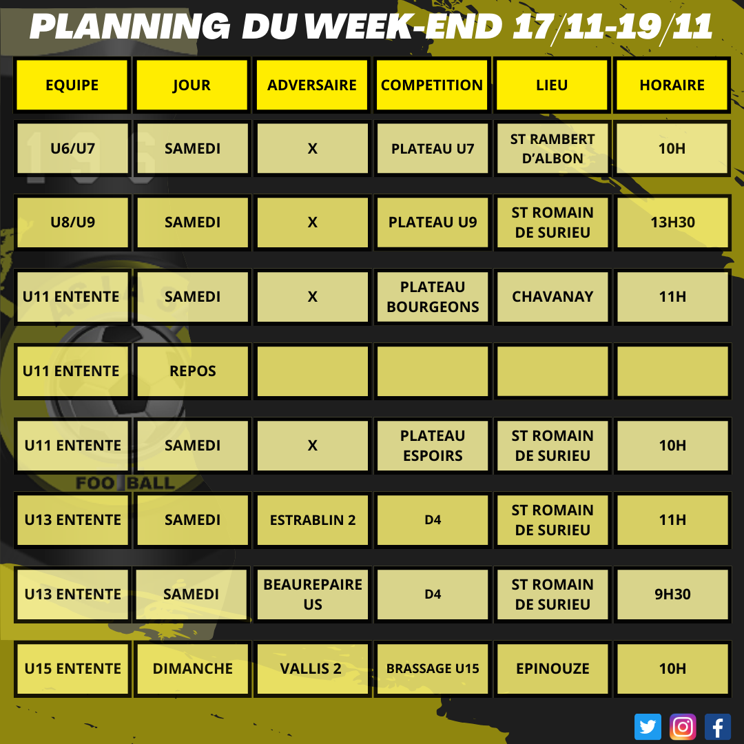 Planning du week-end 17/11 - 19/11