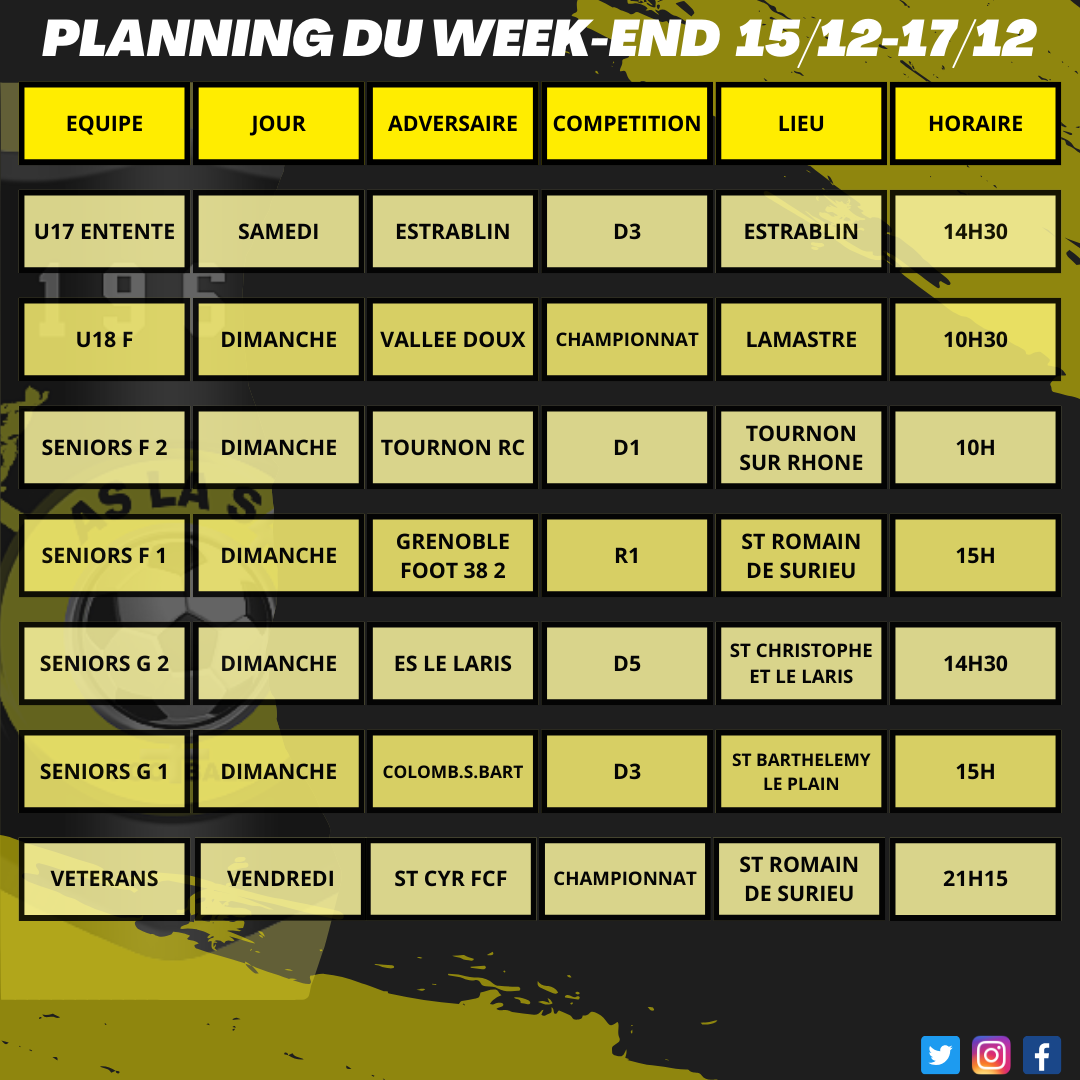 Planning du week-end 15/12 - 17/12