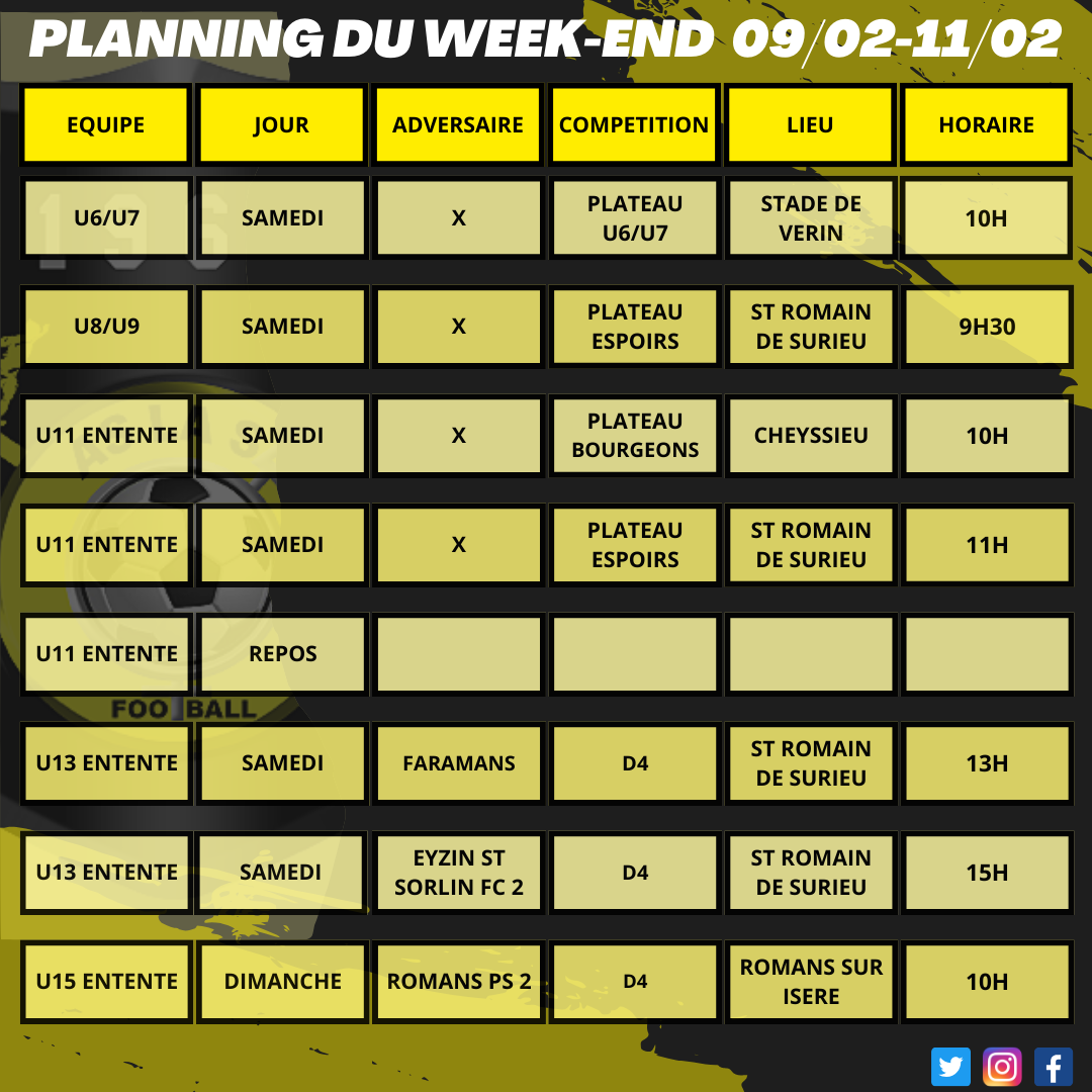 Planning du week-end 09/02 - 11/02