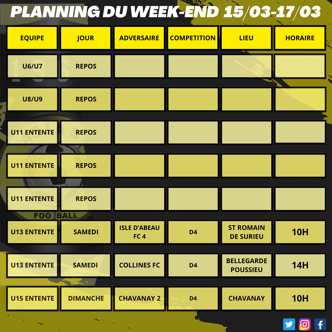 Planning du week-end 15/03 - 17/03