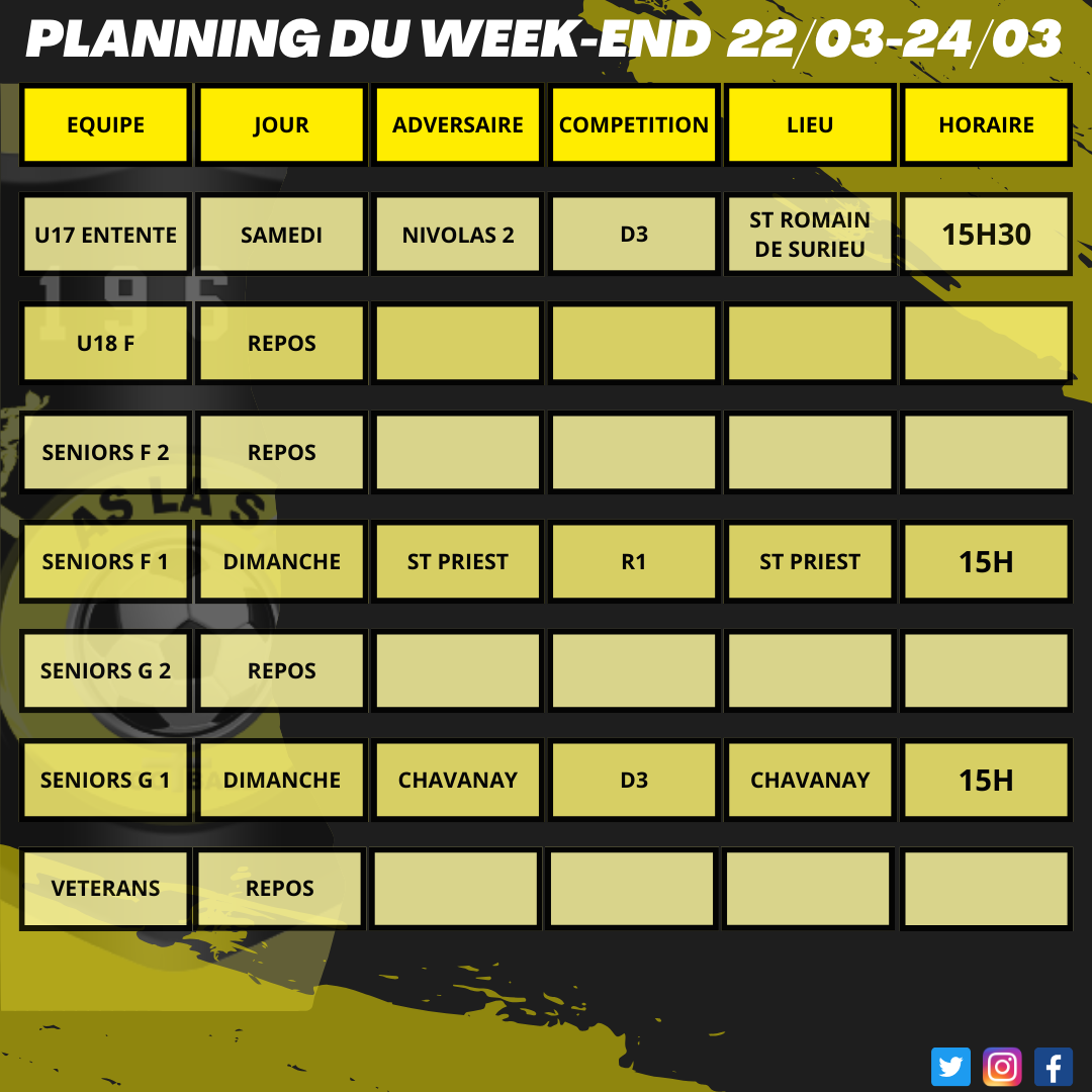 Planning du week-end 22/03 - 24/03