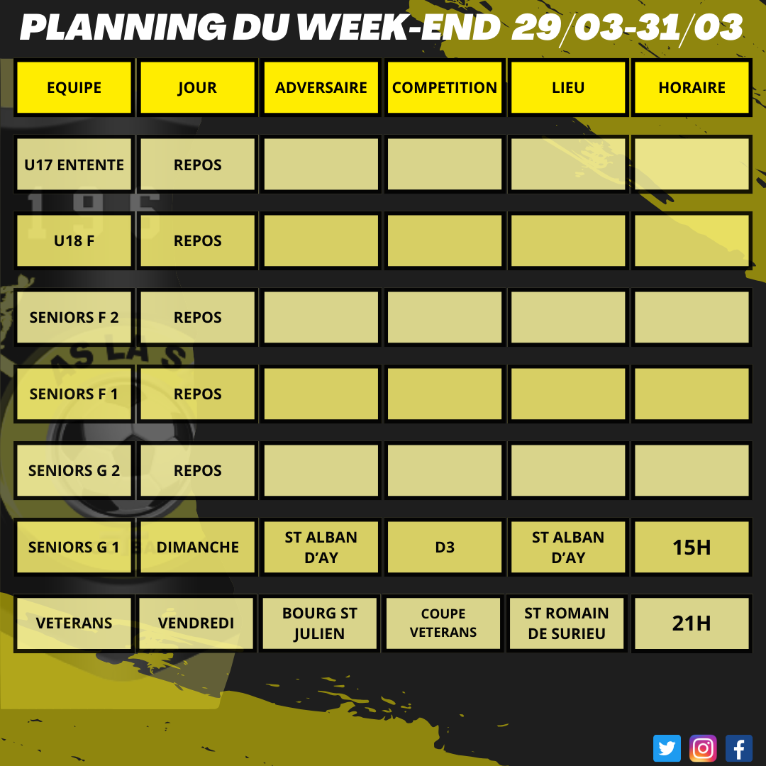 Planning du week-end 29/03 - 31/03