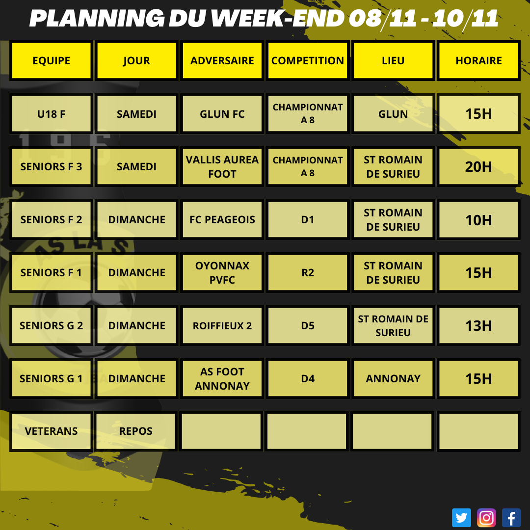 Planning du week-end 08/11 - 10/11