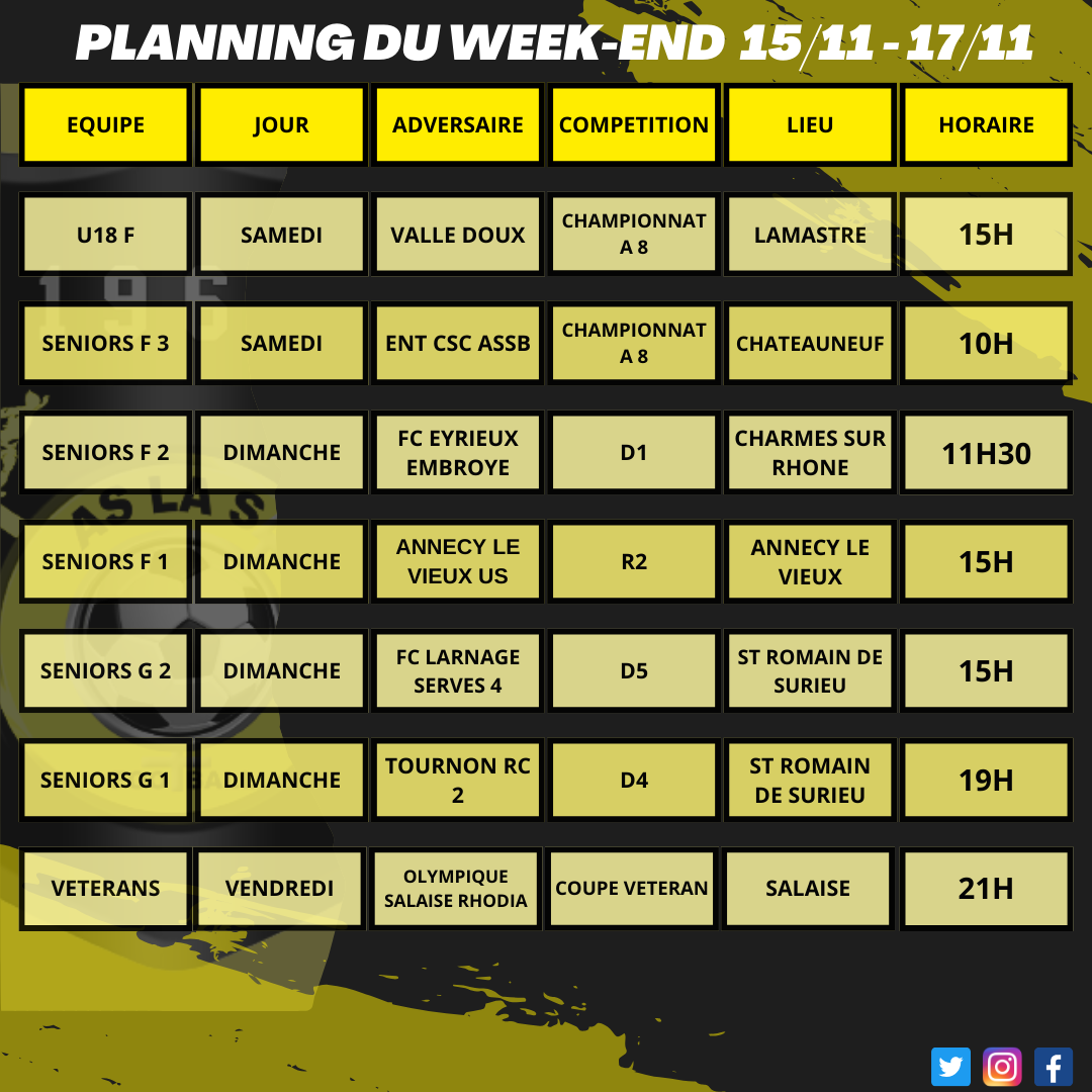 Planning du week-end 15/11 - 17/11