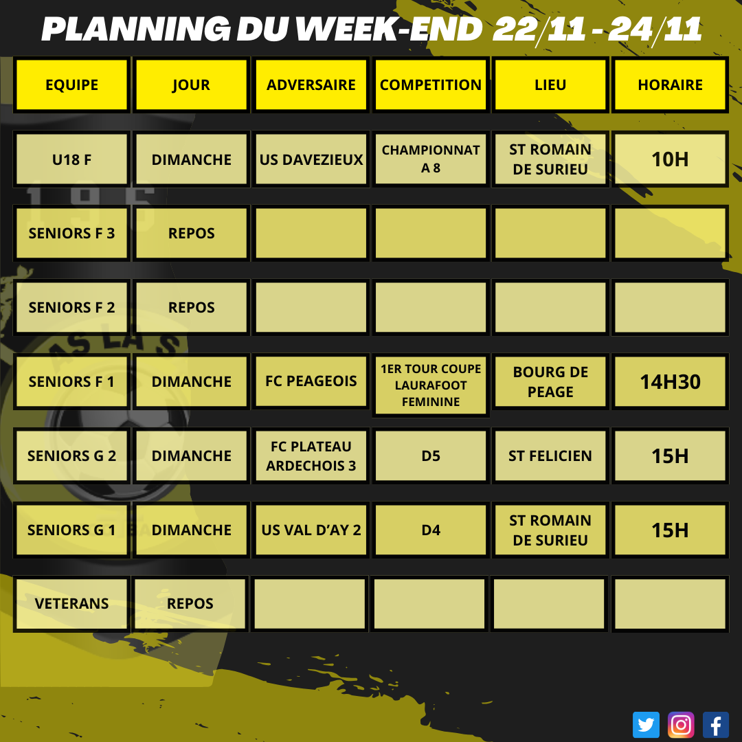 Planning du week-end 22/11 - 24/11