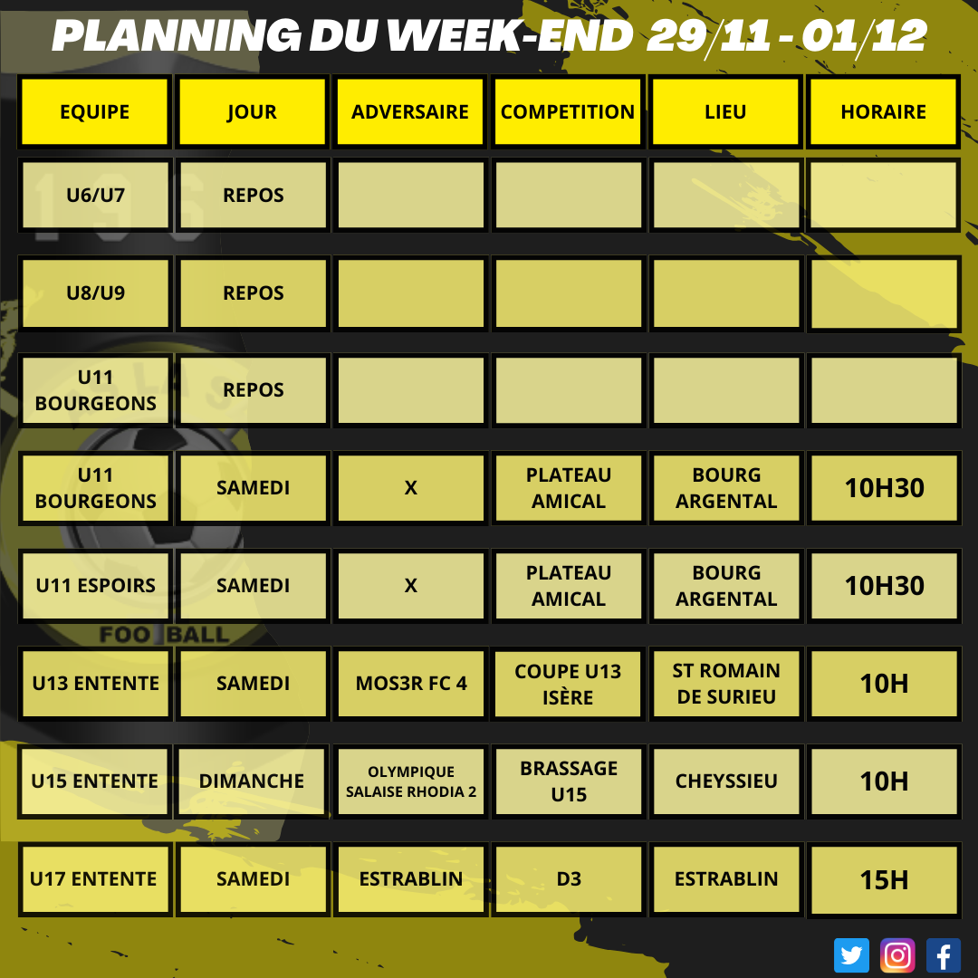 Planning du week-end 29/11 - 01/12