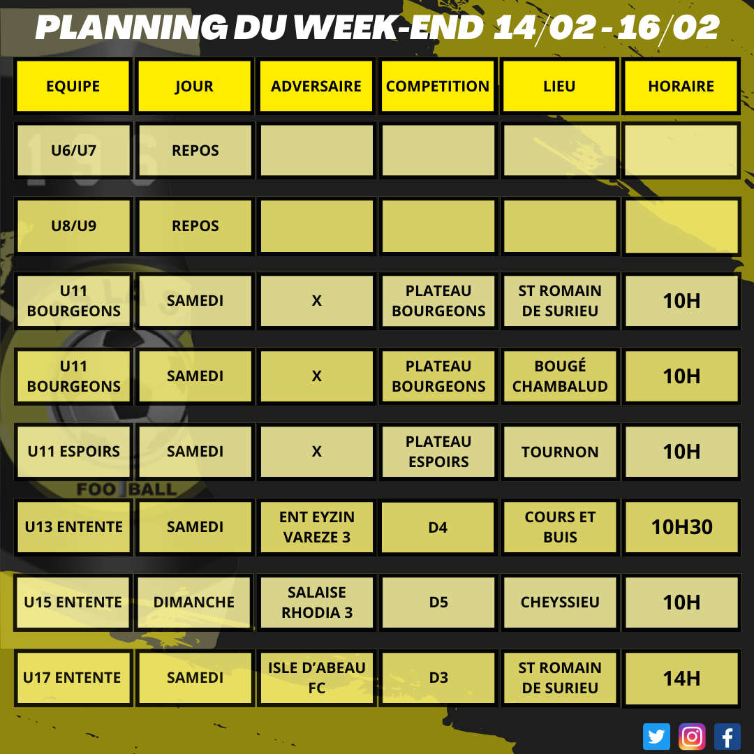 Planning du week-end 14/02 - 16/02