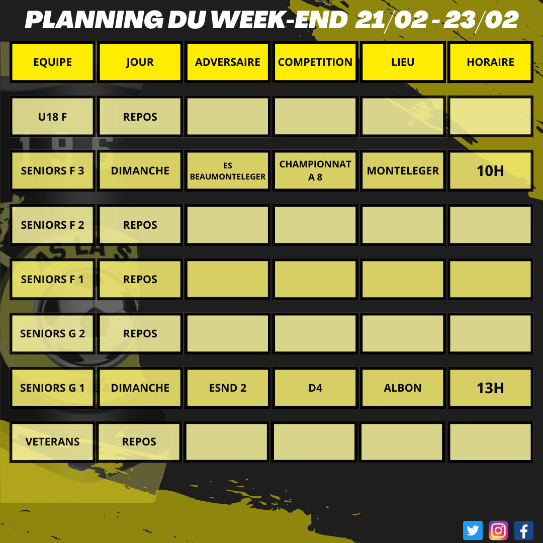 Planning du week-end 21/02 - 23/02