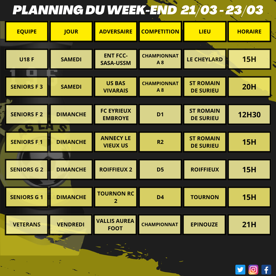 Planning du week-end 21/03 -23/03