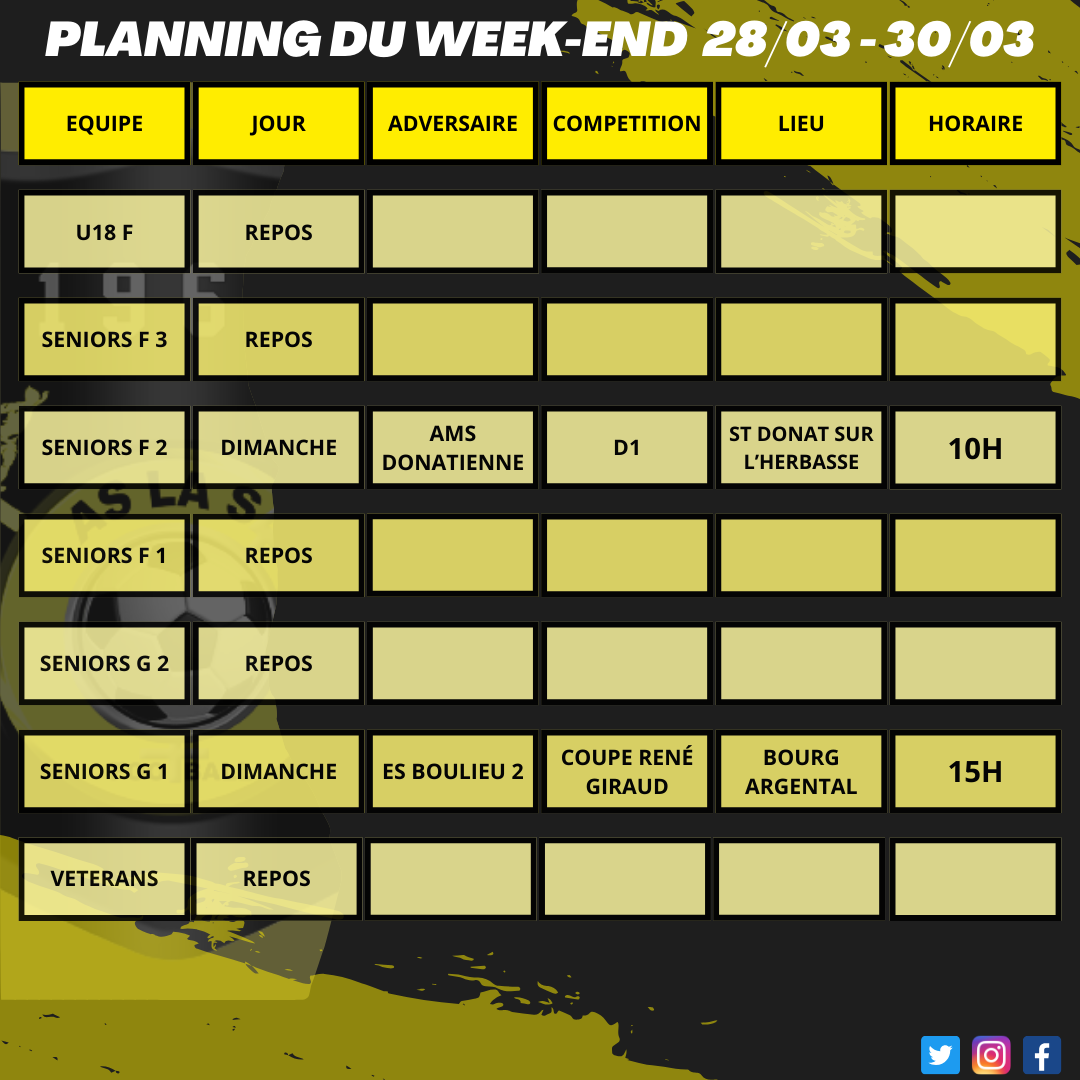 Planning du week-end 28/03 -30/03