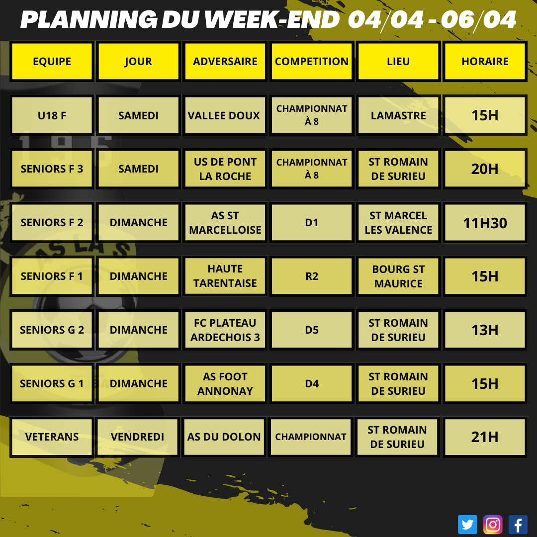 Planning du week-end 04/04 - 06/04
