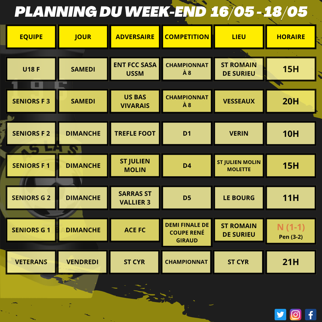Planning du week-end 16/05 - 18/05