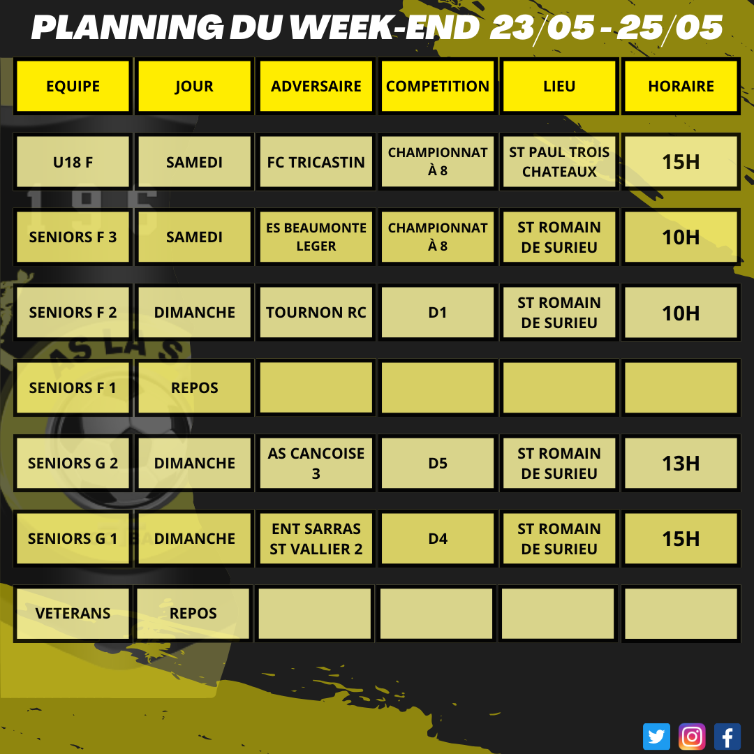 Planning du week-end 23/05 - 25/05