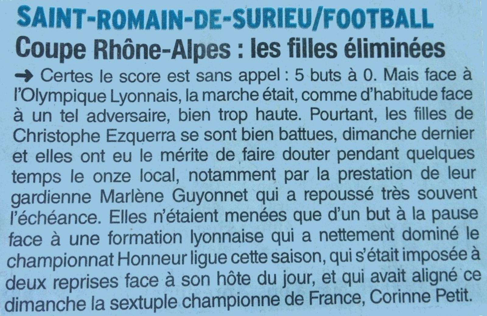 Coupe Rhône-Alpes: les filles éliminées